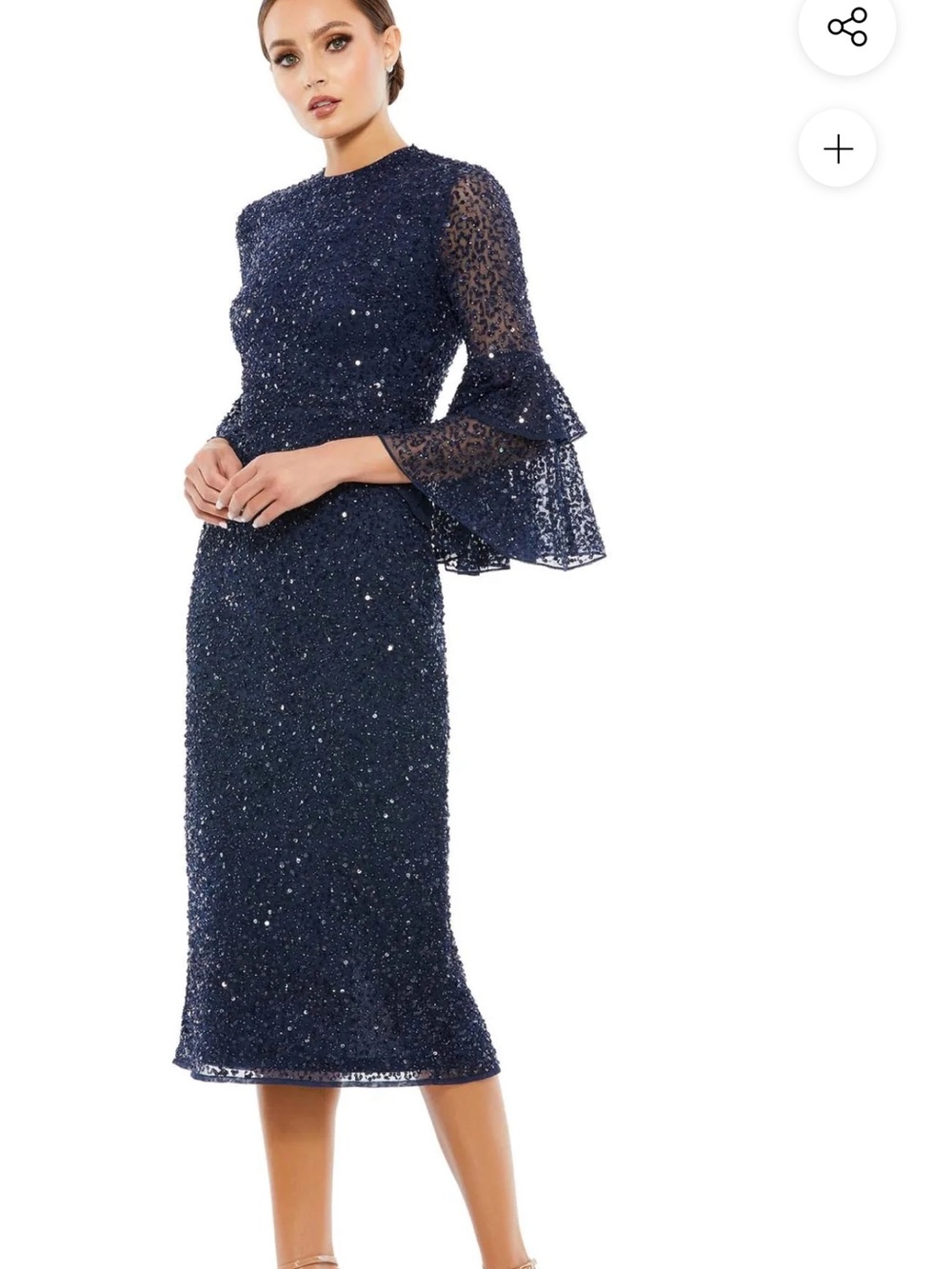 Mac Duggal Navy Sequin Midi Dress with Bell Sleeves